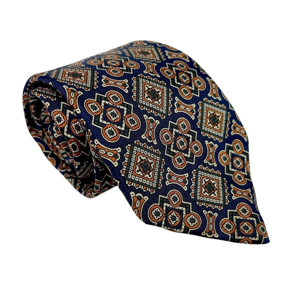 FENDI Cravatte Mens Silk Tie Navy Blue Orange Geometric Medallion Made in Italy‎